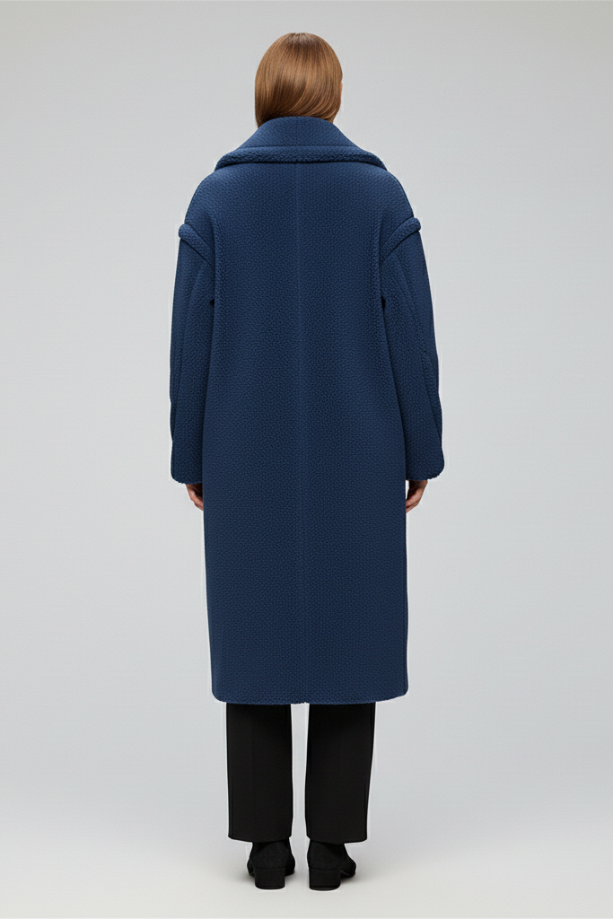 Person wearing a long blue coat on a plain background