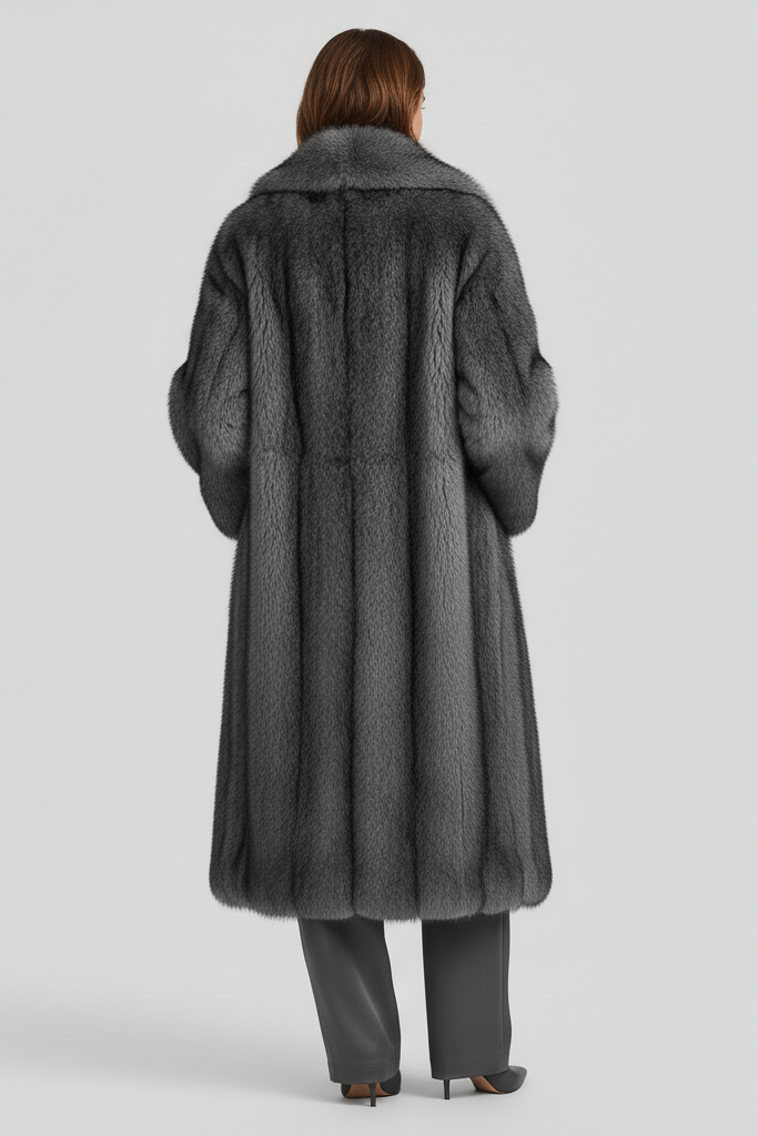 Person wearing a long gray coat on a plain background