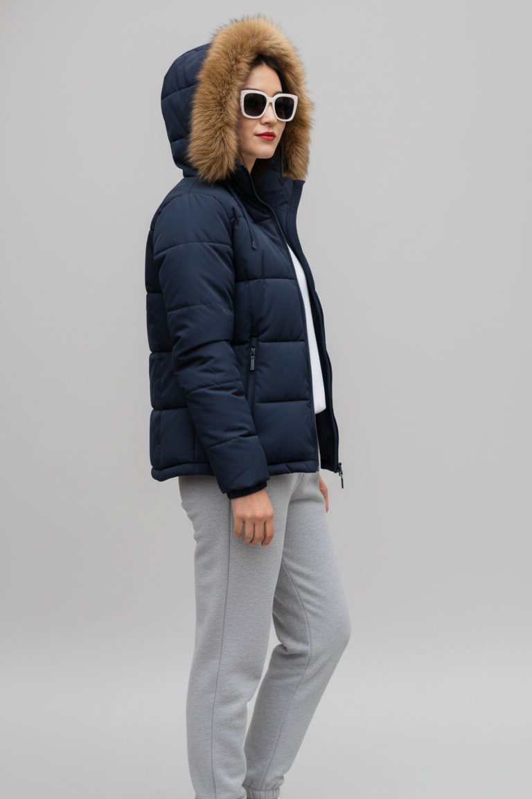 Person wearing a navy puffer jacket with fur hood, gray pants, white sneakers, and sunglasses on a gray background