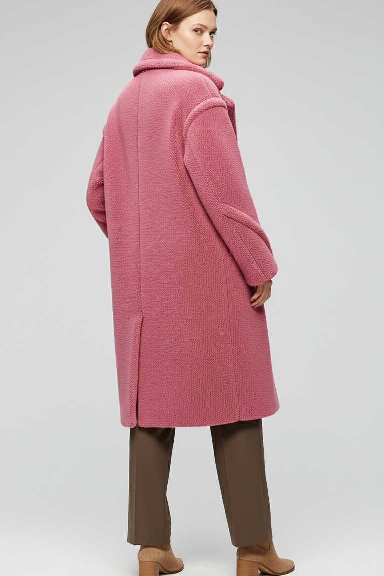 Person wearing a pink coat on a plain background