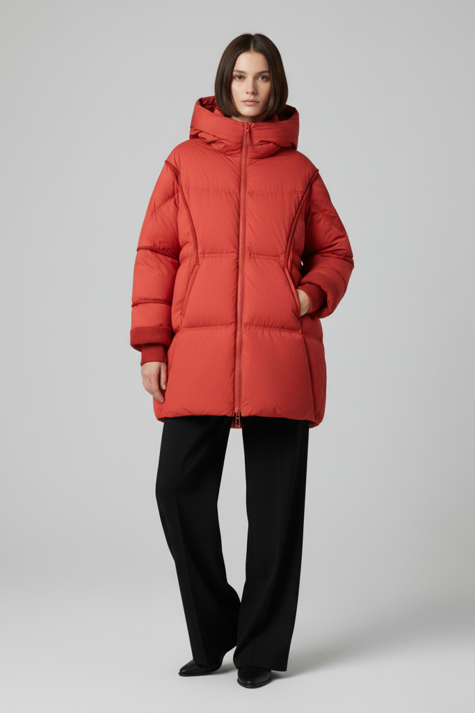 Person wearing a red puffer coat on a gray background