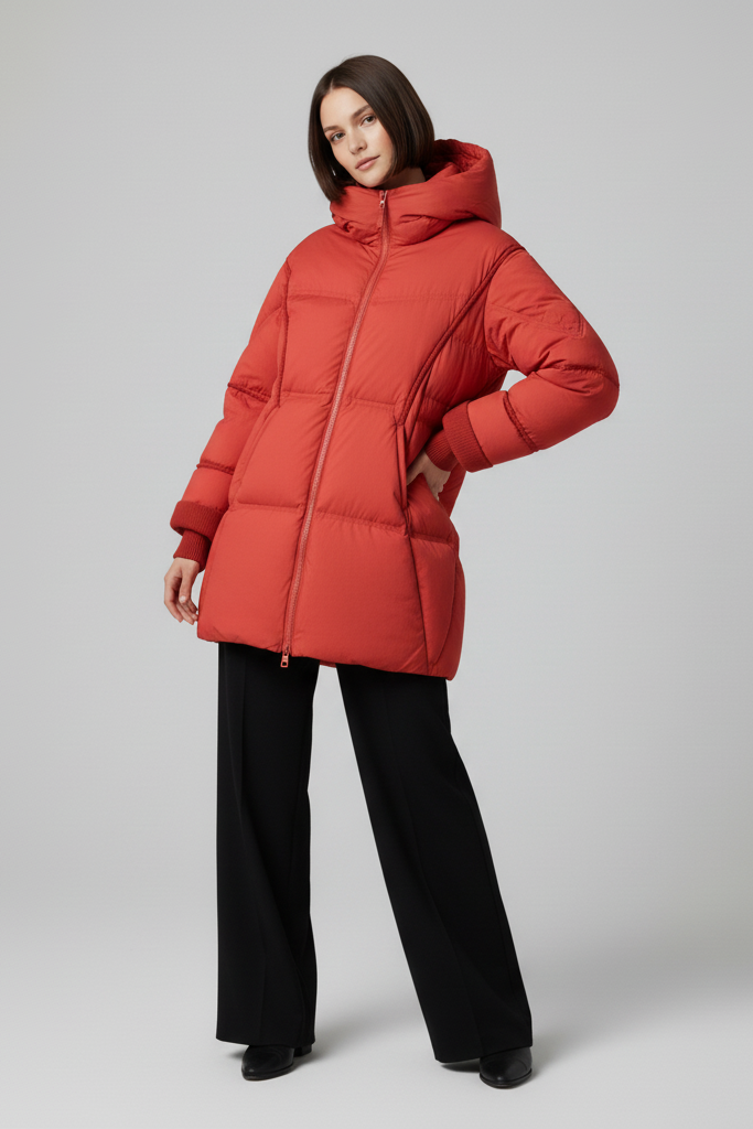 Person wearing a red puffer coat on a gray background