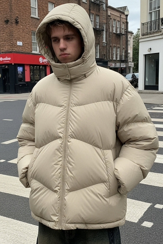 Person wearing a beige puffer jacket on a city street