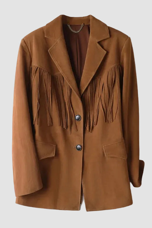 Peyton - Brown Suede Blazer with Fringed Shoulders