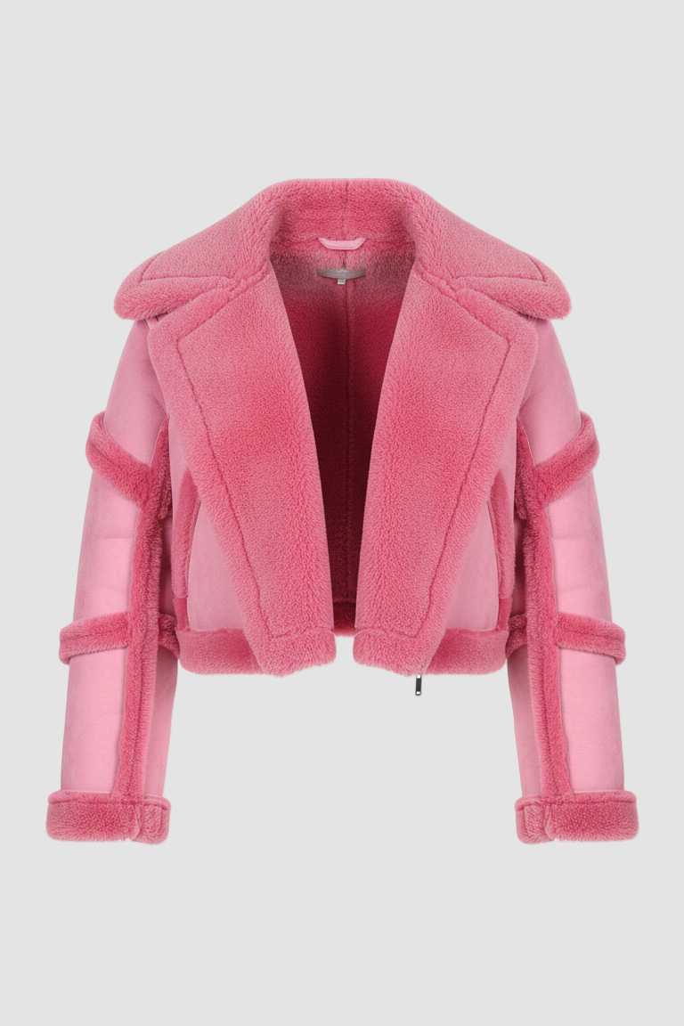 Pink jacket with fur trim on a light gray background