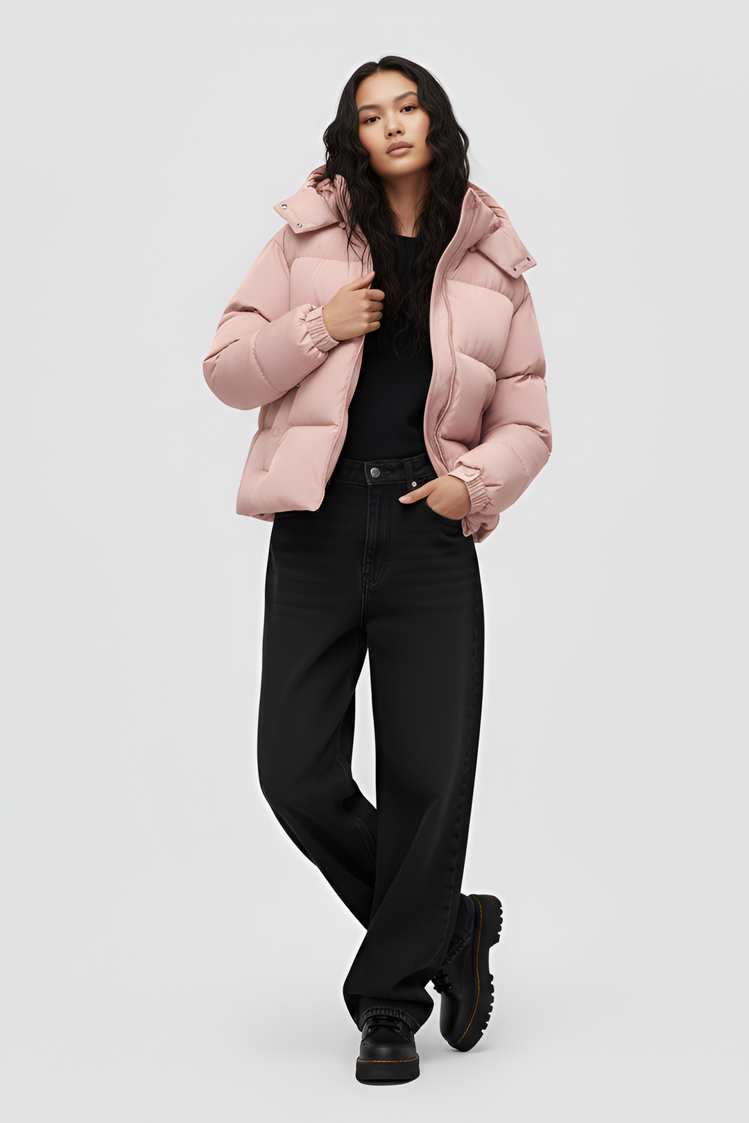 Pink puffer jacket with a hood on a white background
