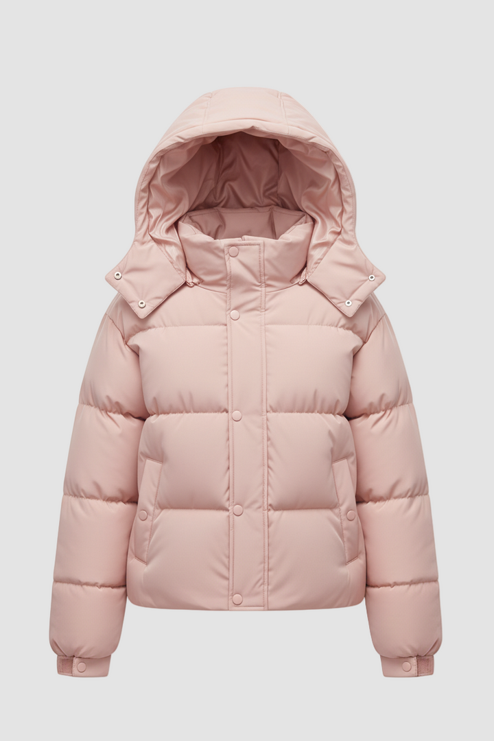 Pink puffer jacket with a hood on a white background