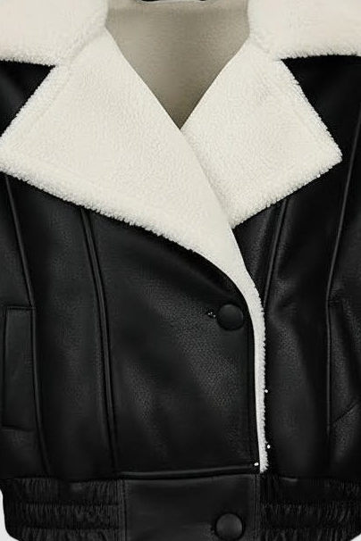 Premium faux leather jacket with cozy fleece lapel collar and sleek structured black paneling