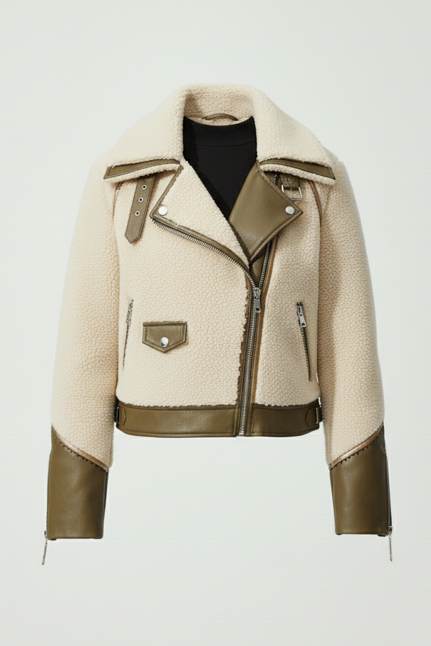Product shot of VERLIA Winter Teddy Jacket in cream with olive leather-look trims