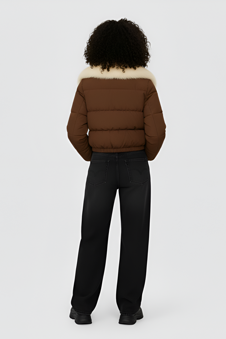 Dalvyn Women's Puffer Jacket with White Fox Fur Collar – Model Wearing Brown Variant