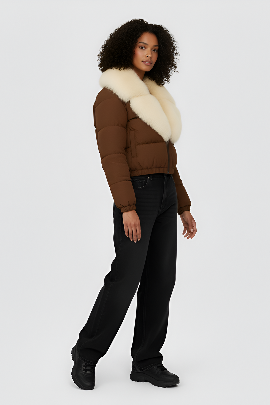 Dalvyn Women's Puffer Jacket with White Fox Fur Collar – Model Wearing Brown Variant