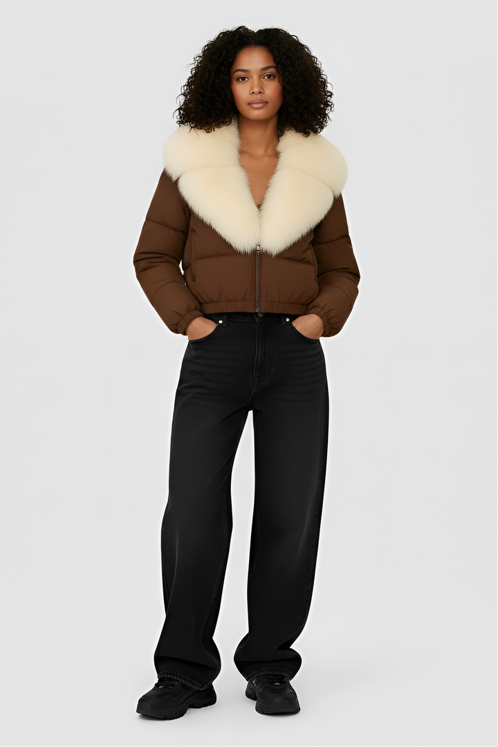 Dalvyn Women's Puffer Jacket with White Fox Fur Collar – Model Wearing Brown Variant