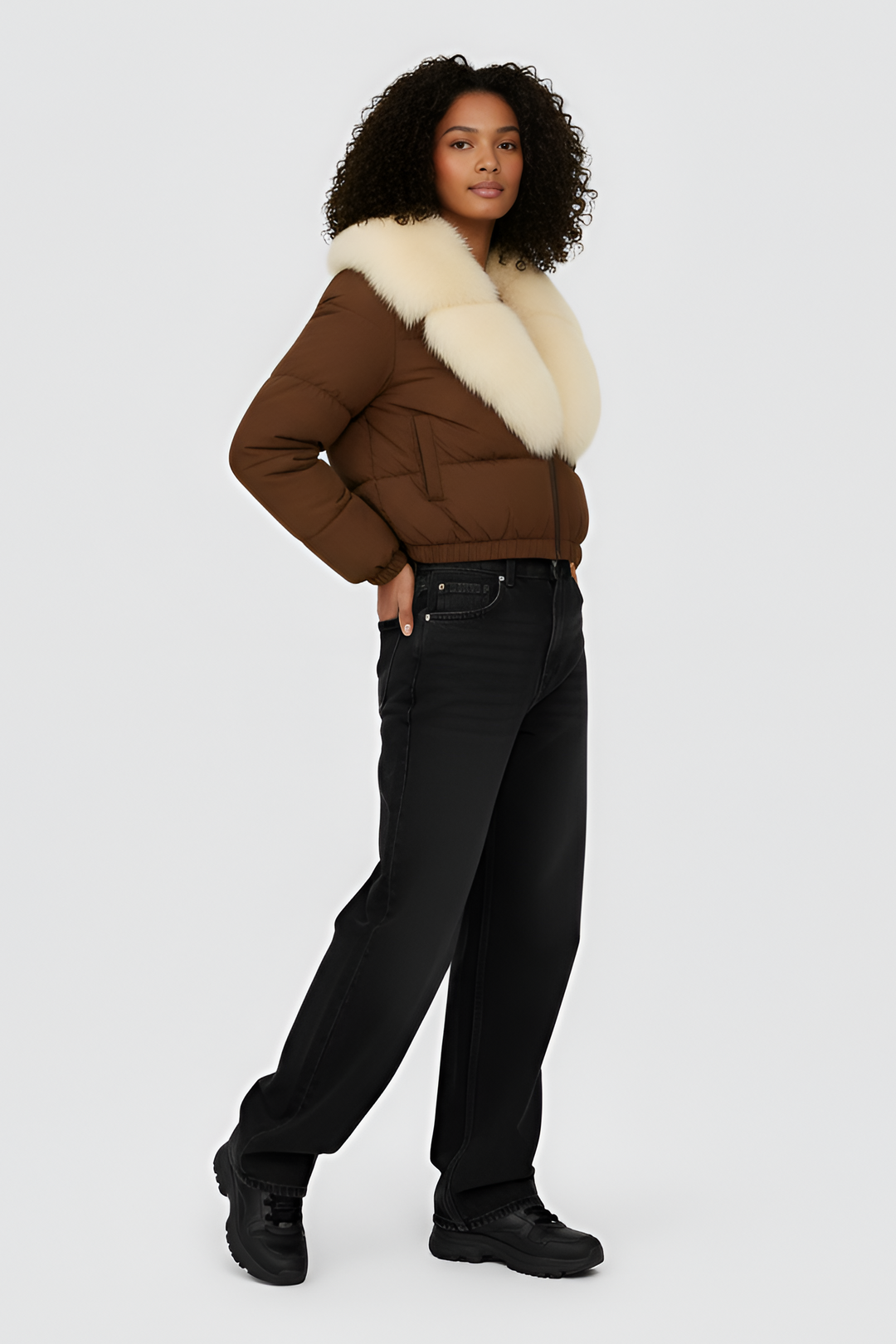 Dalvyn Women's Puffer Jacket with White Fox Fur Collar – Model Wearing Brown Variant