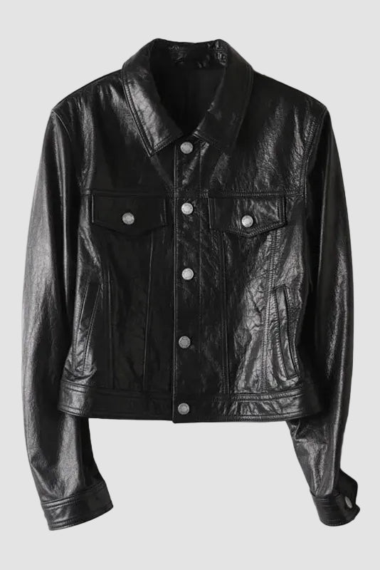 QUINN - Cropped Cowhide Leather Jacket, Black, Front View, Pockets