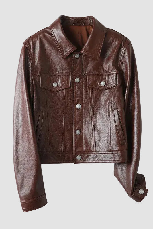 QUINN - Cropped Cowhide Leather Jacket, Brown, Buttoned, Collared