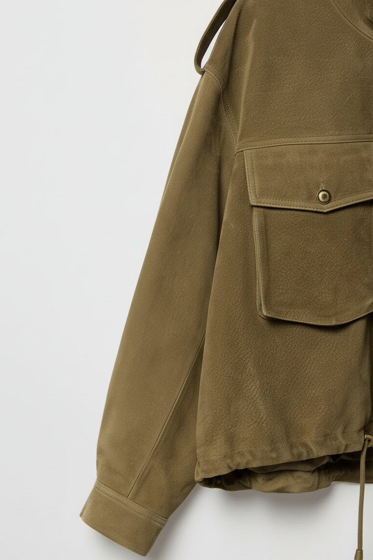 QUINN - Detail shot, chest pockets and snap closures on suede jacket