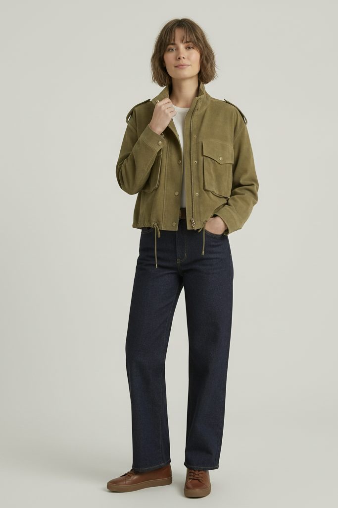 QUINN - Front view, woman wearing suede jacket, dark wash jeans