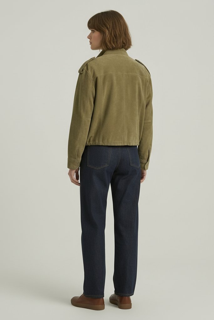 QUINN - Back view, olive green suede jacket, women's fashion