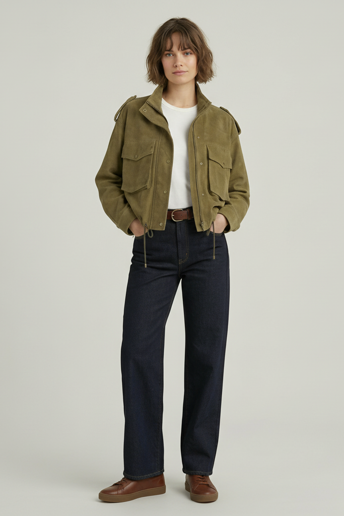QUINN - Suede jacket, olive green, drawstring waist, button detail