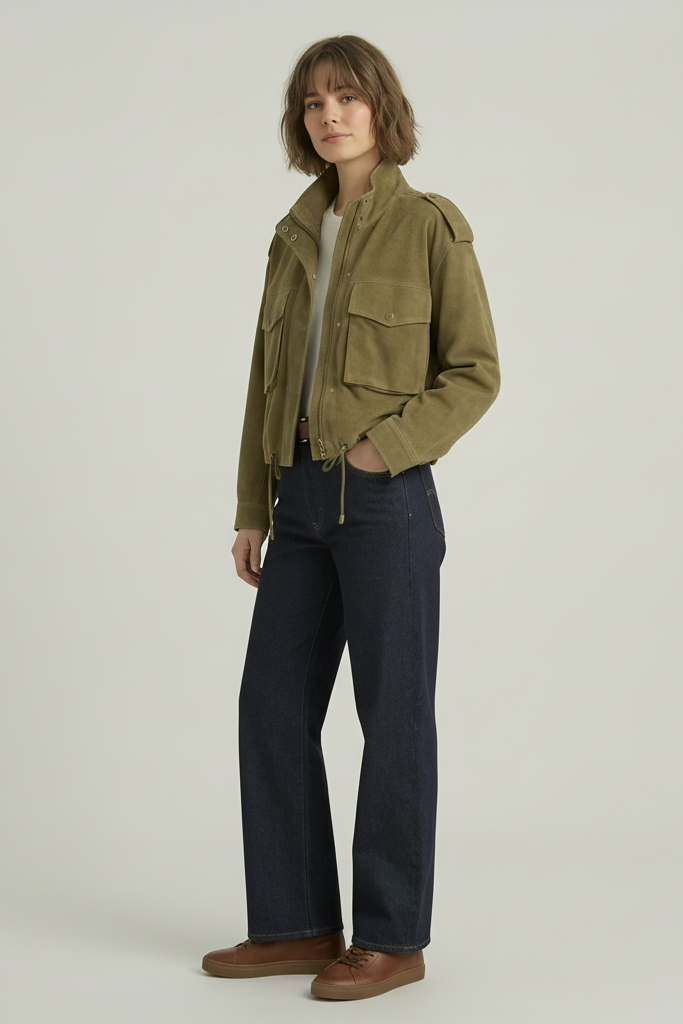 QUINN - Close-up, suede jacket collar and snap buttons