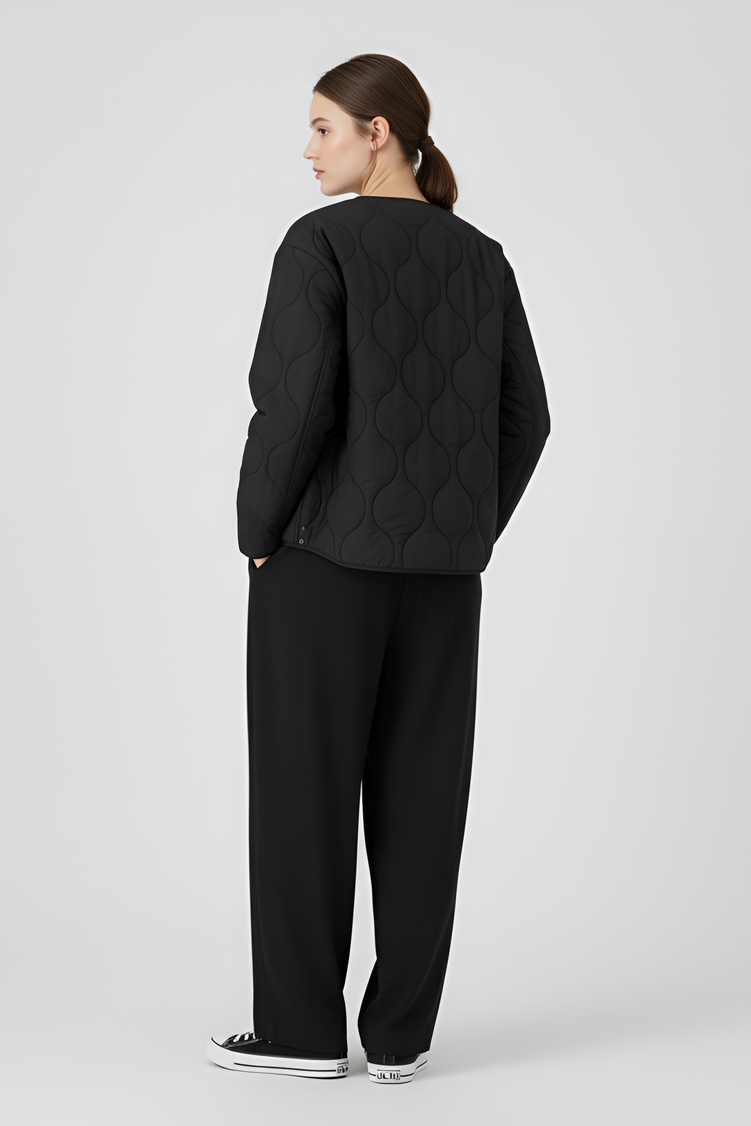 Women's Quilted Jacket – Quilted Parka Jacket – Studio Front View Black