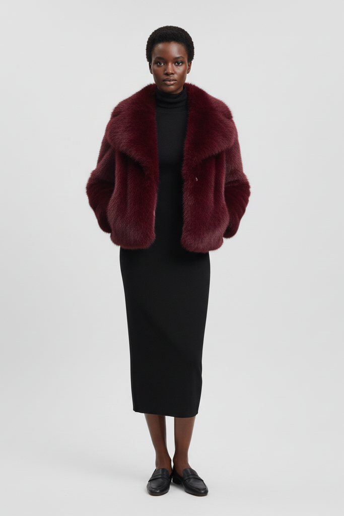 
Outdoor lifestyle image highlighting the soft fabric of the RAELORA faux fur coat.