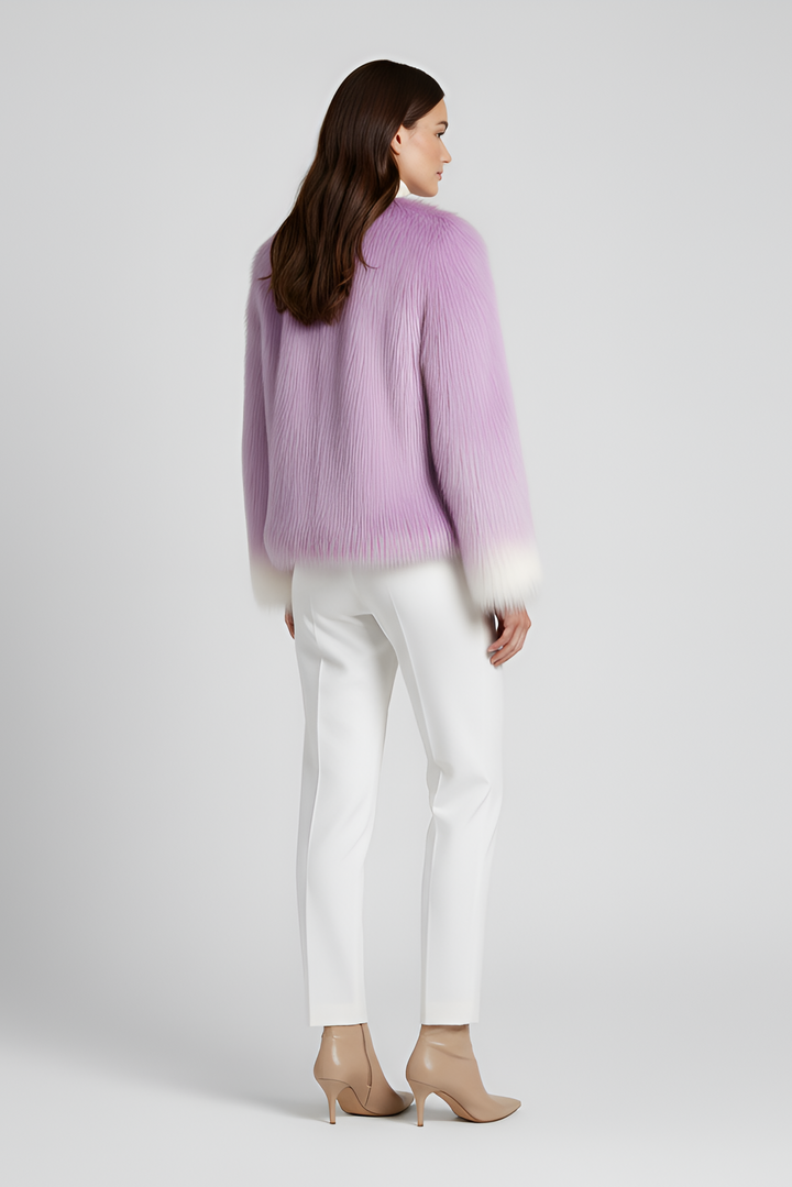 Short purple faux fur winter coat displayed from the back.