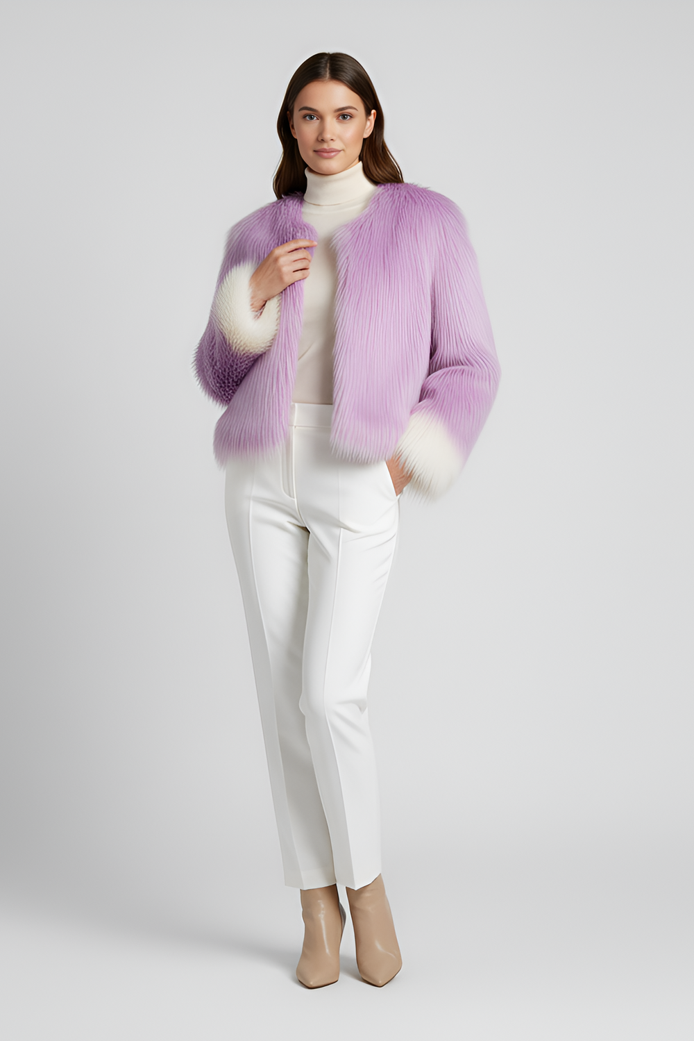 Faux fur coat for women in short loose fit, purple shade, front view on hanger.