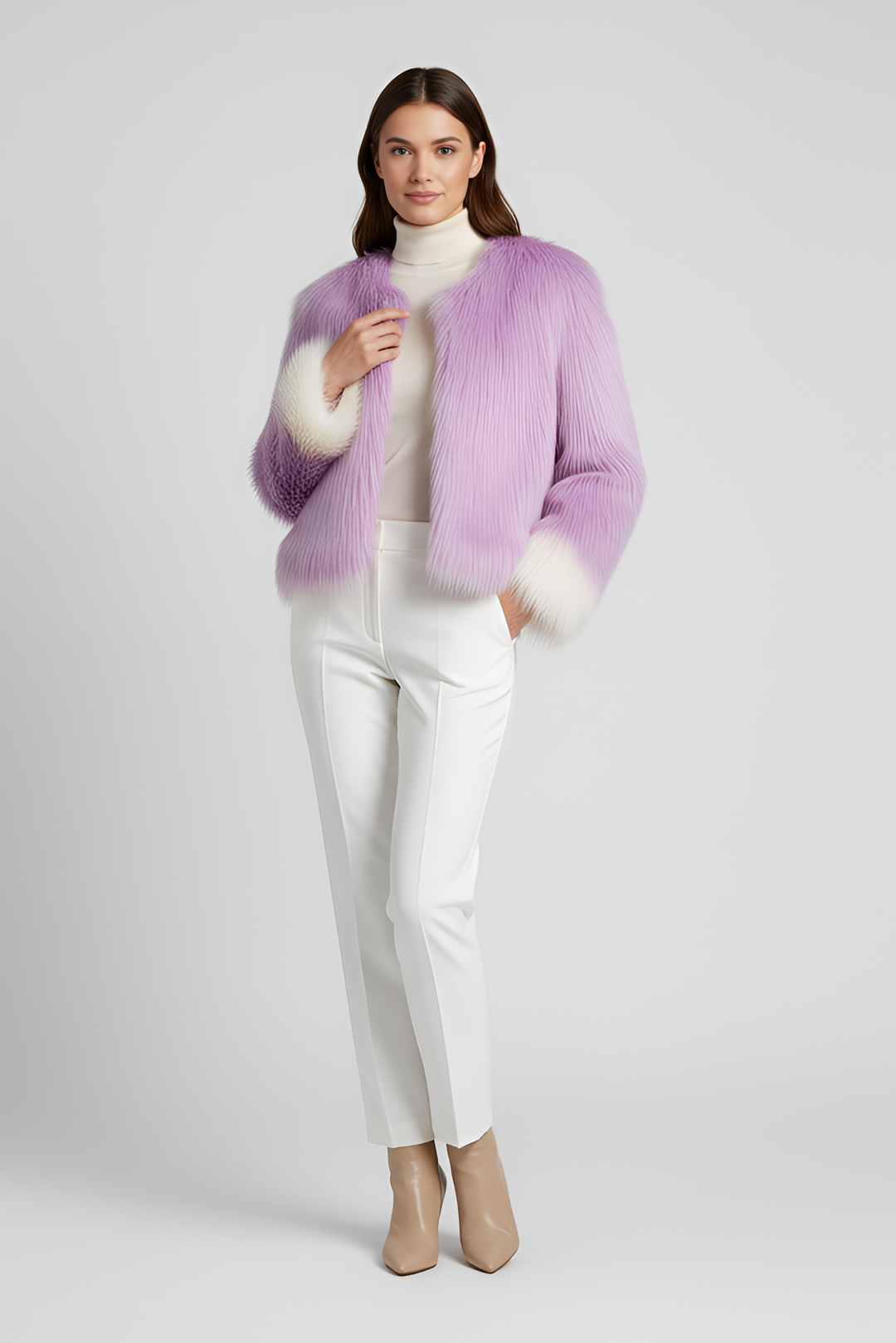 Faux fur coat for women in short loose fit, purple shade, front view on hanger.