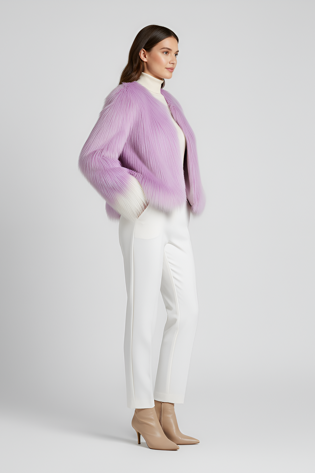 Close-up of plush faux fur texture in purple showing soft winter fabric.