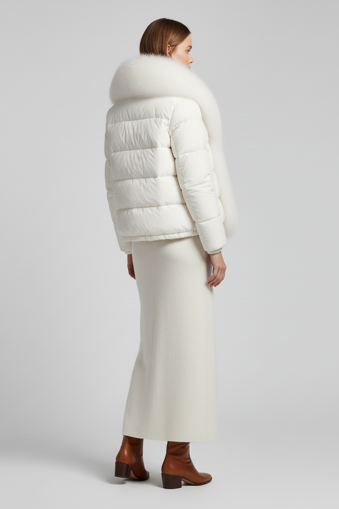 RAVELYN premium down coat in black – hanging display