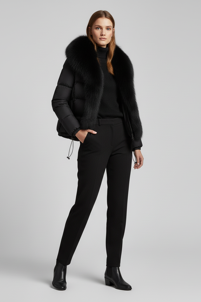 RAVELYN premium down coat in black – hanging display