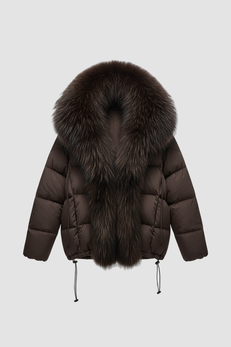 RAVELYN raccoon fur hooded coat in brown – front view
