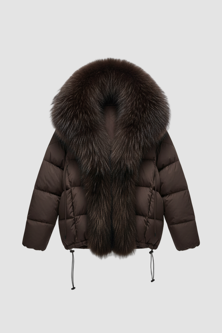 RAVELYN raccoon fur hooded coat in brown – front view