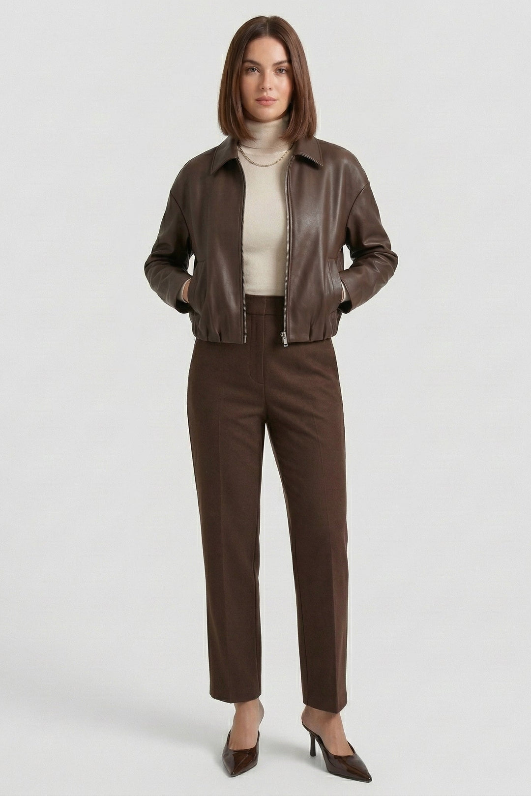 REESE - Brown leather jacket, cropped silhouette