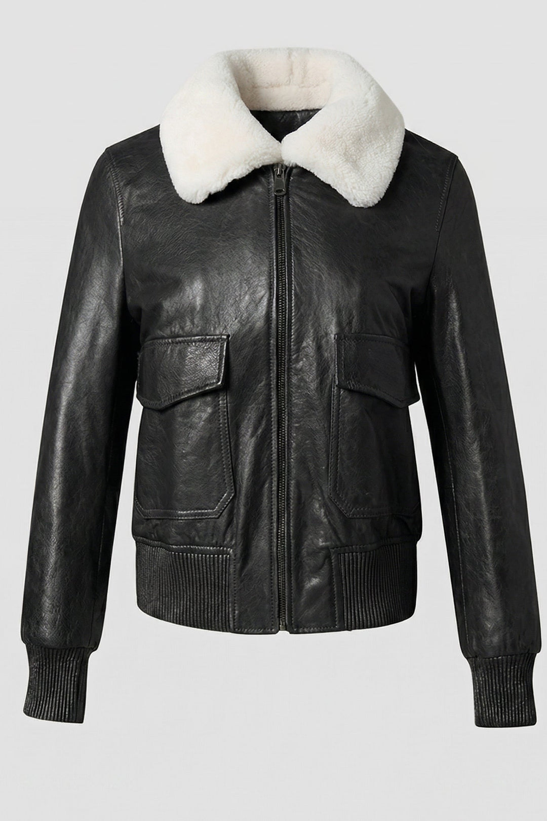 REMINGTON - Black leather bomber jacket with white shearling collar