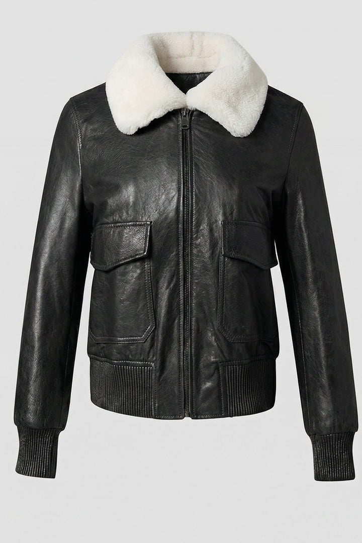 REMINGTON - Black leather bomber jacket with white shearling collar