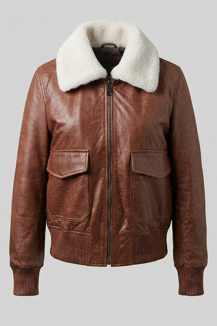 REMINGTON - Brown leather bomber jacket with white shearling collar, front view