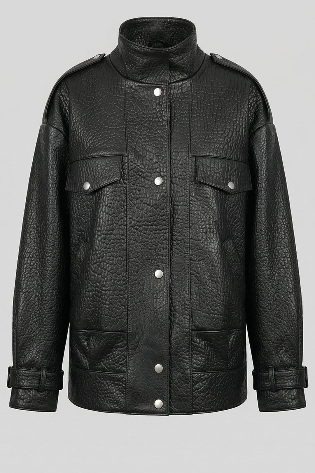 RIVER - Oversized Bubble, black textured leather jacket, button front, chest pockets