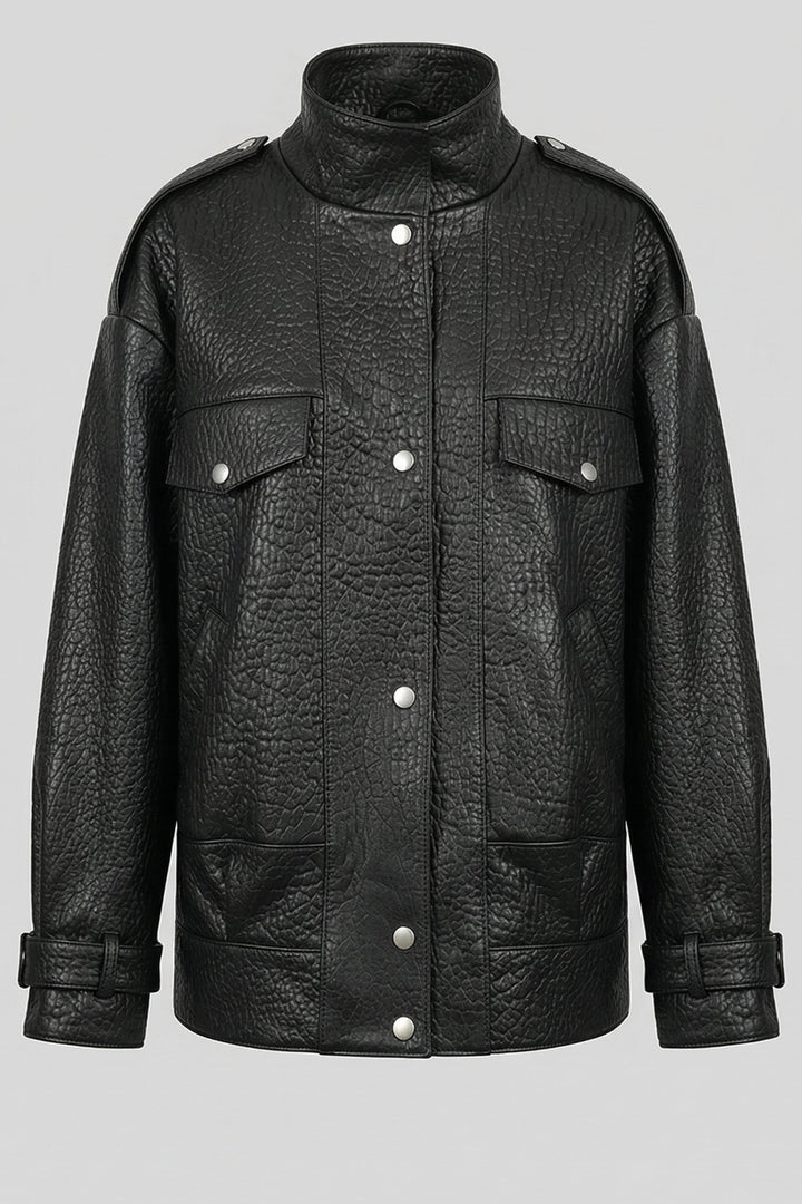 RIVER - Oversized Bubble, black textured leather jacket, button front, chest pockets
