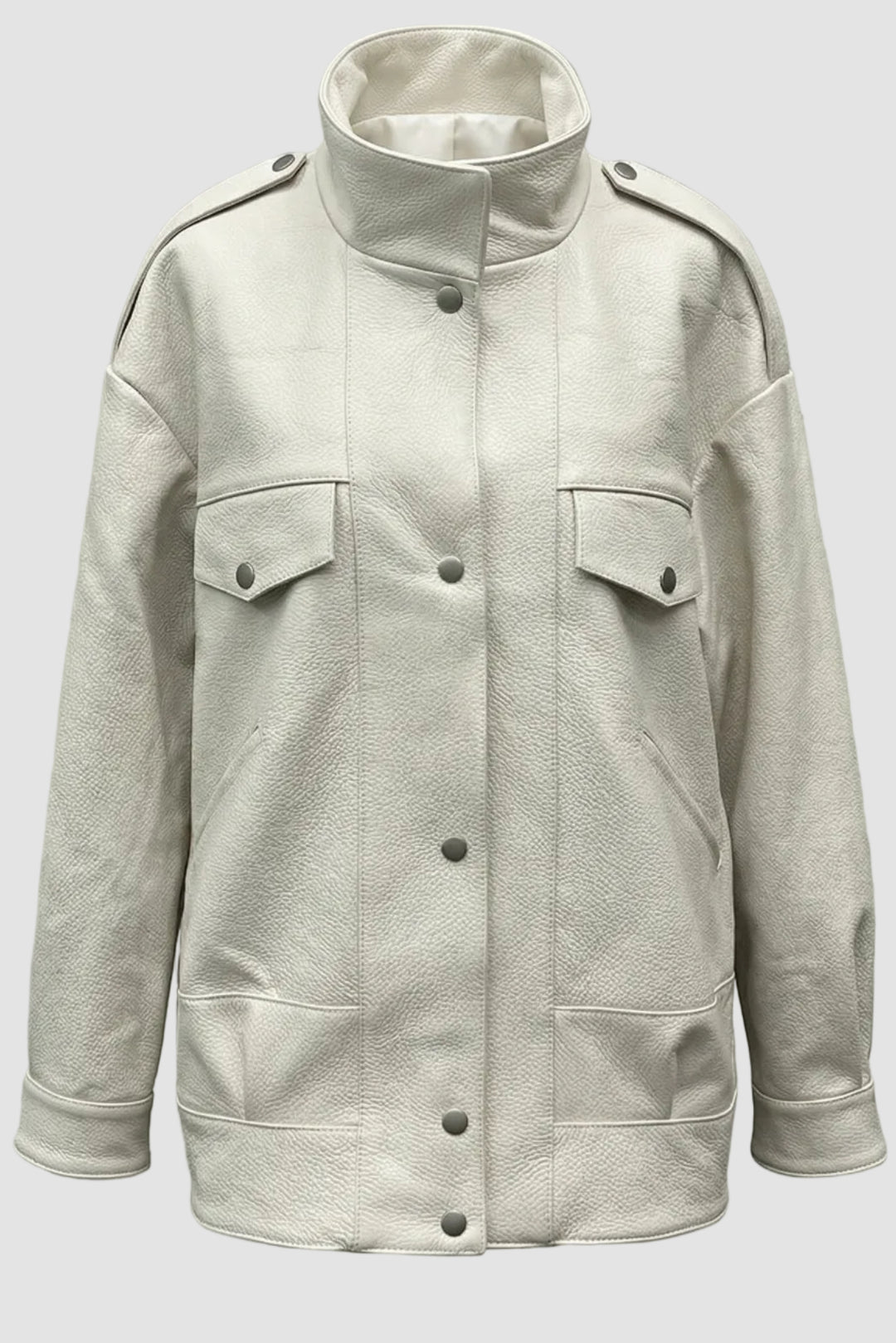 RIVER - Oversized Bubble, off-white textured leather jacket, button front, chest pockets