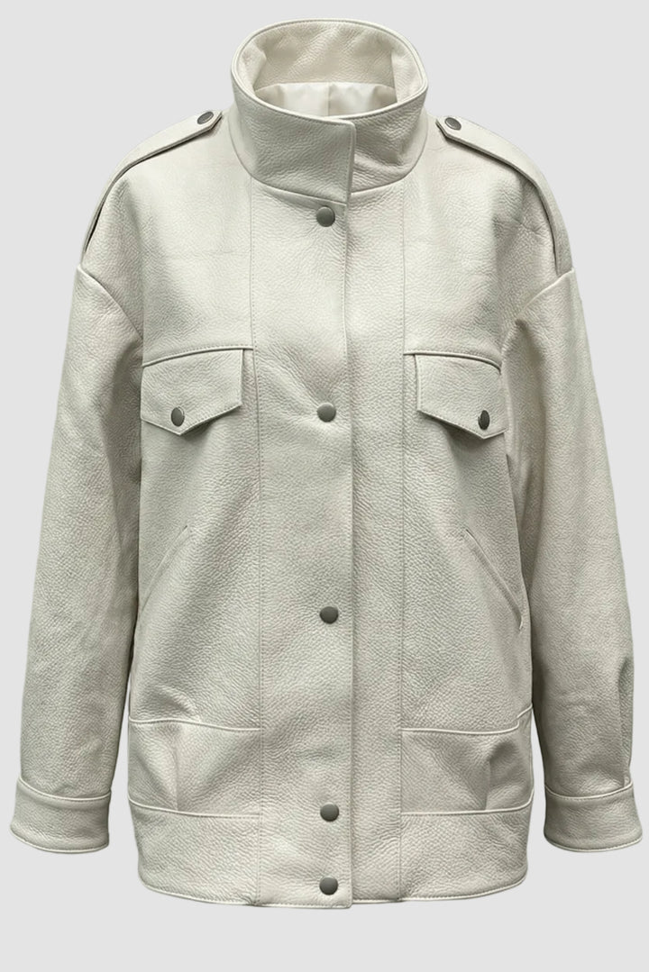 RIVER - Oversized Bubble, off-white textured leather jacket, button front, chest pockets