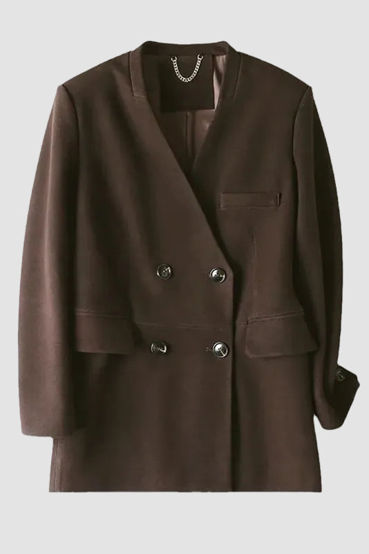 ROWAN - Double-breasted brown blazer with chain detail