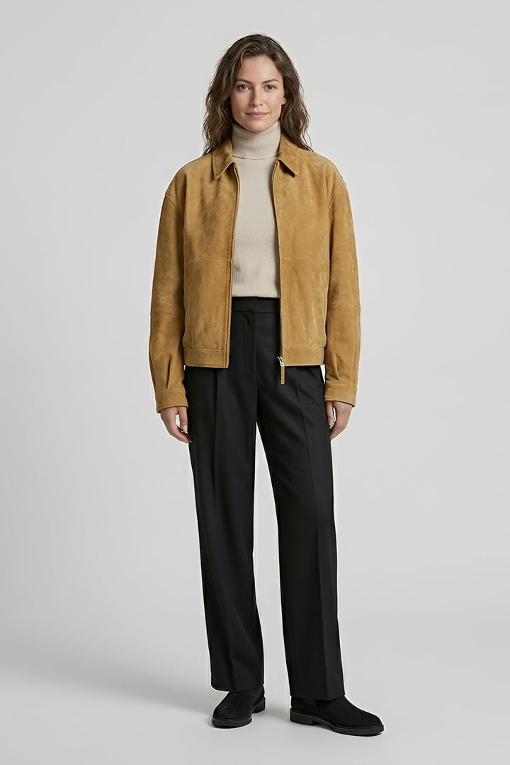 ROWAN - Model wearing Vintage Suede Leather Bomber Jacket, Full Shot