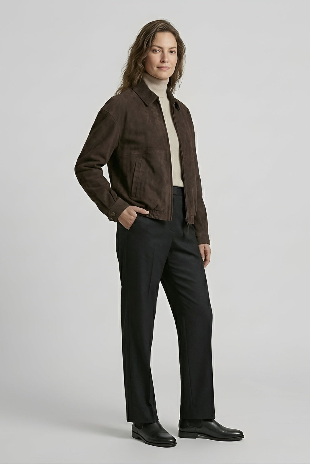 ROWAN - Vintage Suede Leather Bomber Jacket, Dark Brown, Black Trousers, Side View