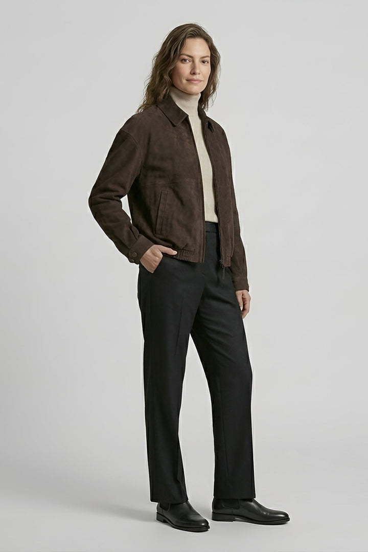 ROWAN - Vintage Suede Leather Bomber Jacket, Dark Brown, Black Trousers, Side View