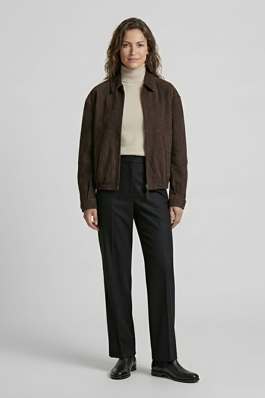ROWAN - Vintage Suede Leather Bomber Jacket, Dark Brown Suede, Full Shot