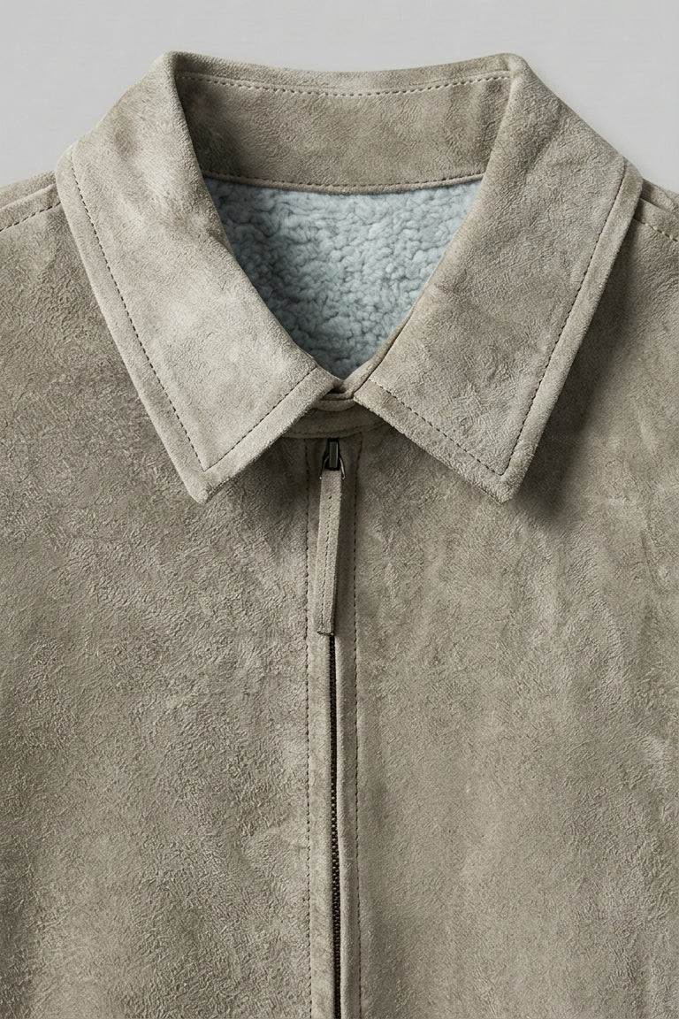 ROWAN - Vintage Suede Leather Bomber Jacket, Light Grey, Collar Detail, Zipper