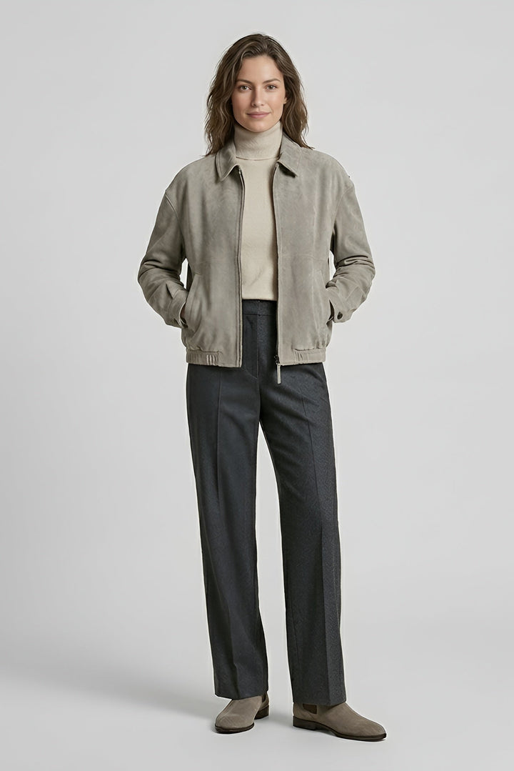 ROWAN - Vintage Suede Leather Bomber Jacket, Light Grey, Front View