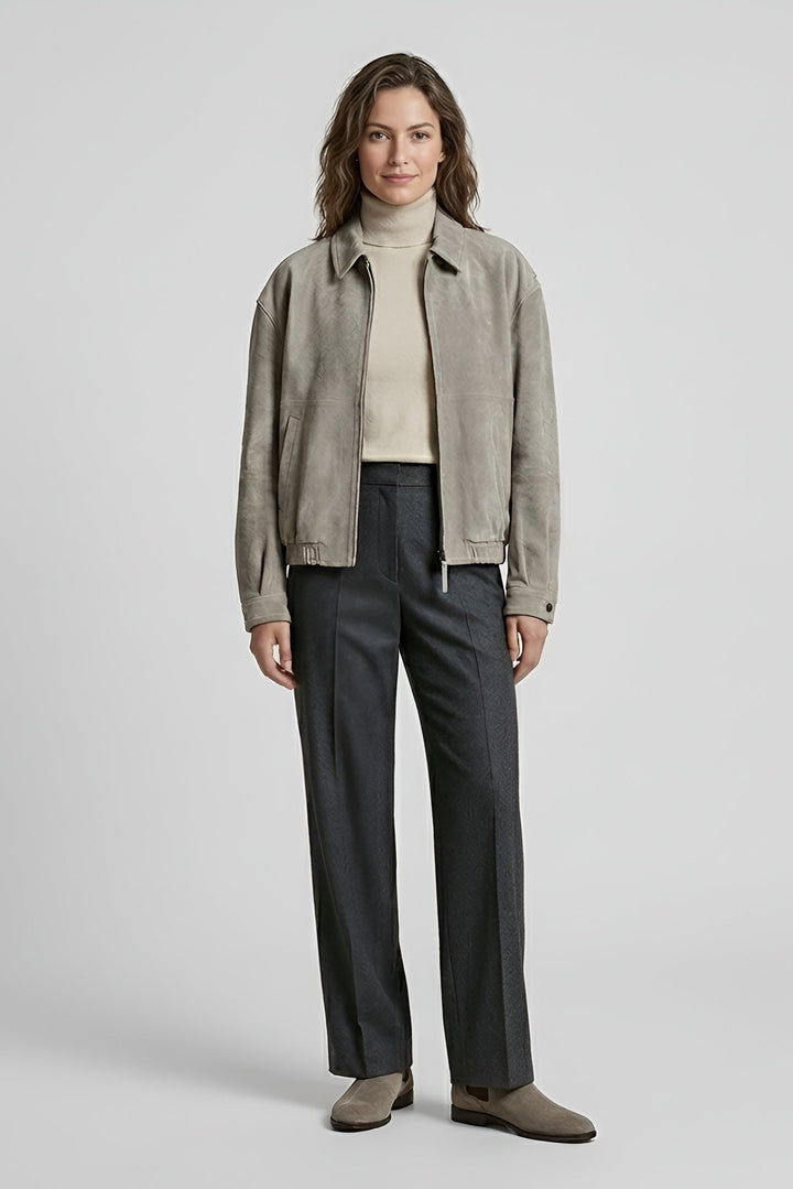 ROWAN - Vintage Suede Leather Bomber Jacket, Light Grey, Full Shot
